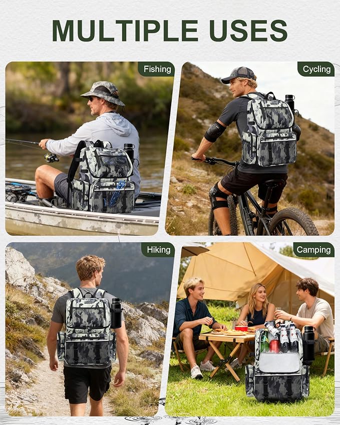 Fishing Backpack, Large Water Resistant Tackle Bag Storage Fishing Gear and Equipment, Built-in Cooler Compartment Grey