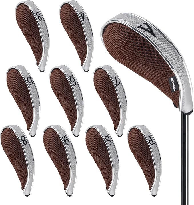 Andux Mesh Golf Iron Club Head Covers with Zipper 10pcs/Set | Left and Right Handed | Short Neck | Silver Piping | all the Same Size