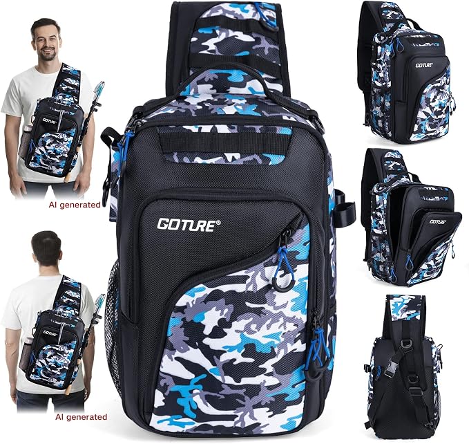 Goture Camouflage Fishing Tackle Bag, 1680D Water-Resistant Sling Fishing Backpack with Rod Holder, Anti-Slip Waist Strap, Tackle Bag with 3 3600 Trays, Fishing Gifts for Men Saltwater Freshwater