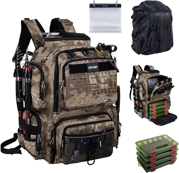Goture Fishing Backpack with 4 Tackle Boxes,900D Water-Resistant Tackle Backpack with Rod Holders,SBS Zippers,45L Large Tackle Storage Gear Bag with Rain Cover,Bottle Holder for Travel Camping Hiking