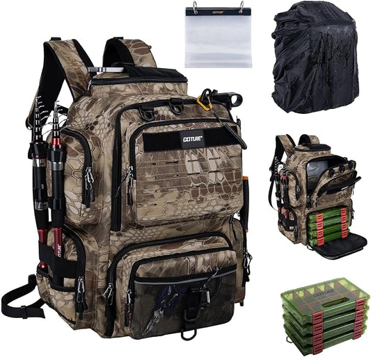Goture Fishing Backpack with 4 Tackle Boxes,900D Water-Resistant Tackle Backpack with Rod Holders,SBS Zippers,45L Large Tackle Storage Gear Bag with Rain Cover,Bottle Holder for Travel Camping Hiking