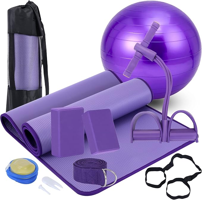 Yoga Mat Set for Beginners,Yoga Mat with Carrying Strap,Yoga Blocks 2 Pack with Yoga Strap,Yoga Ball,Ankle Puller,11-Piece Yoga Kits and Sets for Beginners,Yoga Starter Kit for Women Men