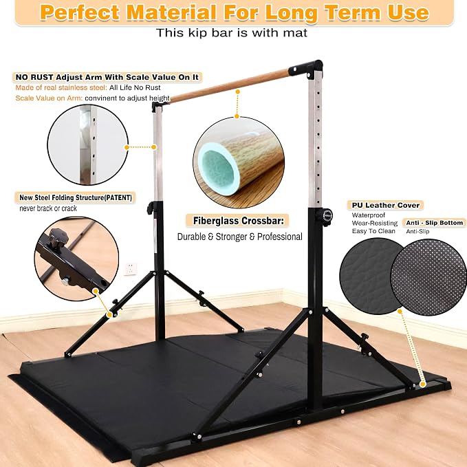 MARFULA 4FT/5FT Gymnastic Bar Set Gymnastics Kip Bar with 5 Ft Length 4Ft Inner Width 5ft Adjust Height Gymnastics Training Bar Equipment for Kids Professional Training Home and Club Use