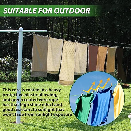 3/16" Clothes Line Outdoors, 100Ft Green PVC Coated Steel Cable Clip Clamp Kit, Multi-use Guide Wires for Climbing Grapevines Plants/Clothesline Wire for T Post/String Light Hanging Kit