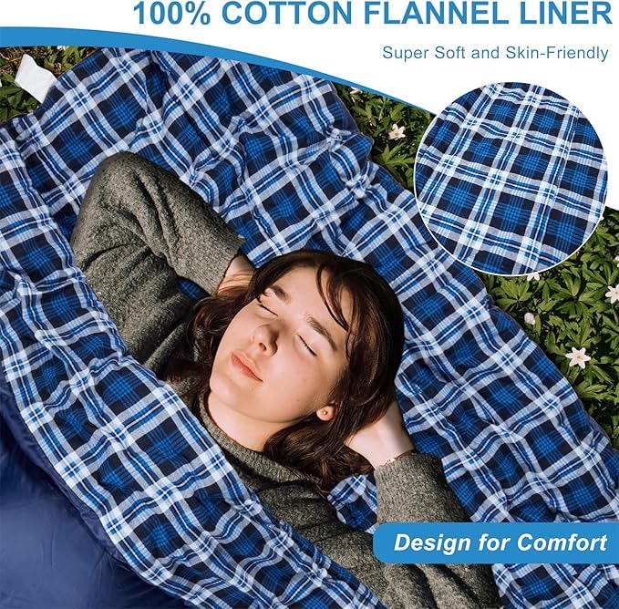 Cotton Flannel Double Sleeping Bag for Camping, Backpacking Or Hiking. Queen Size 2 Person Waterproof Sleeping Bag for Adults Or Teens. Lightweight with Compression Sack