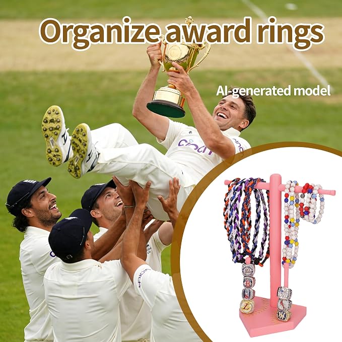 Baseball Ring Display Holder for Championship Rings & Necklaces, Wooden Sports Jewelry Organizer with Bat Stand for Baseball Softball Players, Athlete Gift Display Case for Rings Bracelets Medals,Pink