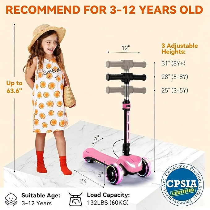 Electric Scooter for Kids w/150W Powerful Motor, Thumb Throttle, LCD Screen, Bluetooth, Light-Up Stem Deck & Wheels, 3 Adjustable Heights, 5MPH Safe Speed, 3 Wheel Electric Scooter for Kids