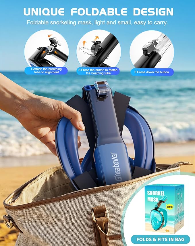 Greatever Full Face Snorkel Mask, Snorkeling Gear for Adults with Latest Dry Top Breathing System and Detachable Camera Mount, Foldable Snorkel Set for Family Snorkeling Trips, Anti-Fog & Anti-Leak
