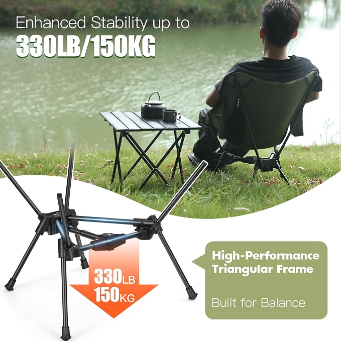 AuroraTrail Ultralight Backpacking Camping Chair – Only 2.7 lb, Supports 330 lb, Compact Folding Outdoor Seat with Carry Bag, 7075 Aluminum Frame for Hiking, Camping & Festivals (Green)