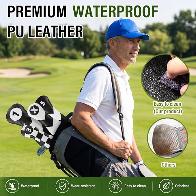 16 Pcs Golf Accessories Kit, 4 Pcs Leather Golf Club Headcovers for Woods, Drivers & Hybrids with Magnetic Ball Marker, Tees & Cleaning Brush Set for Men & Women