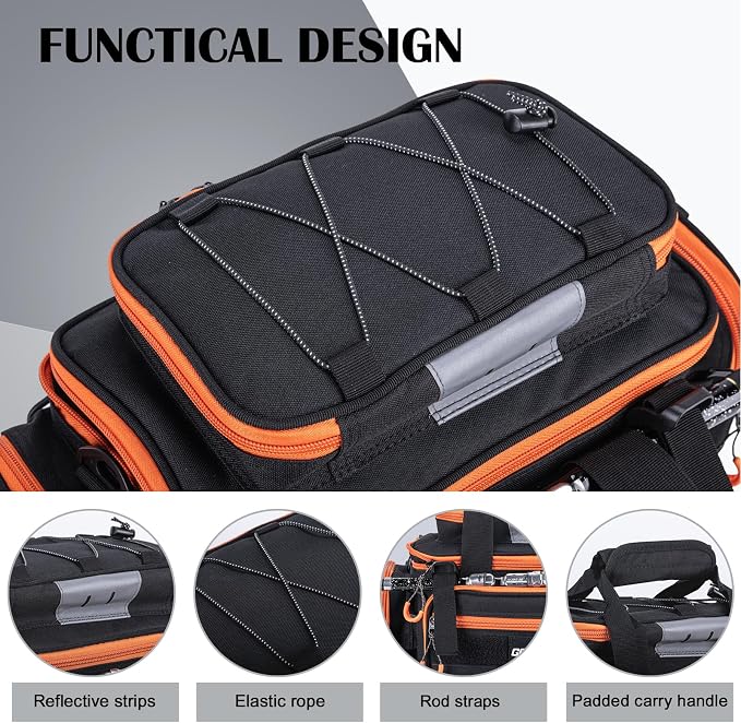 Goture Fishing Tackle Bag with 4 Tackle Boxes, Soft Side 600D Water-Resistant Cross Body Sling Fishing Bag with Rod Holder, Small Saltwater Gear Storage Tactical Bags, Gifts for Men/Women