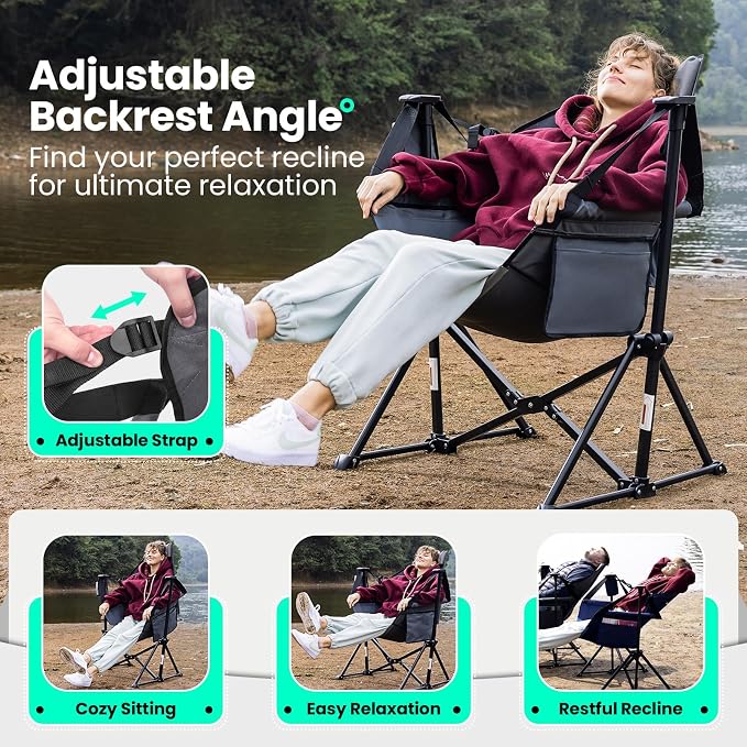 Hammock Camping Chair for Adults with Adjustable Backrest, Heavy Duty Padded Folding Hammock Chair Supports 400lbs, Portable Hammock Chair Swinging Chair for Camping, Travelling and Patio