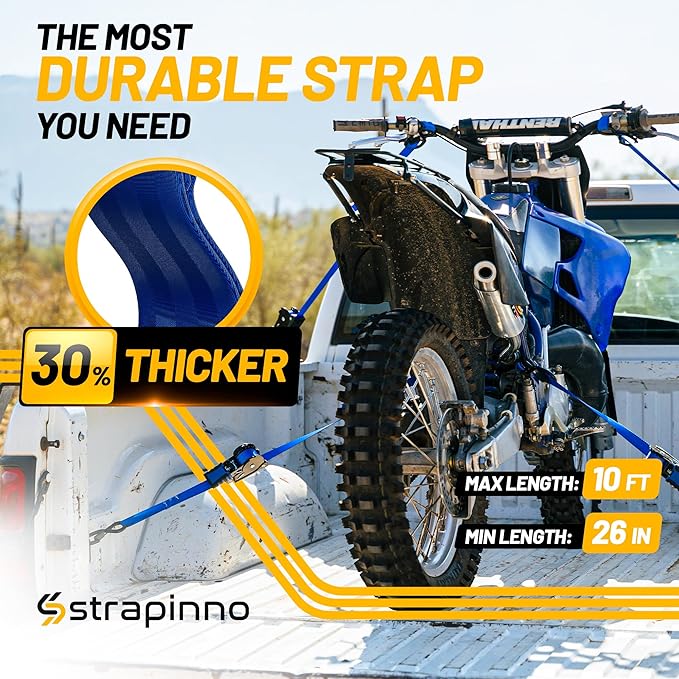 Strapinno Retractable Ratchet Straps (4-Pack), 1 in x 10 ft, 1,500LBS Break Strength, Most Durable Straps and Core, Auto Self Retracting Tie Downs for Truck, Moving, Motorcycle, Bike, Jetski, Kayak