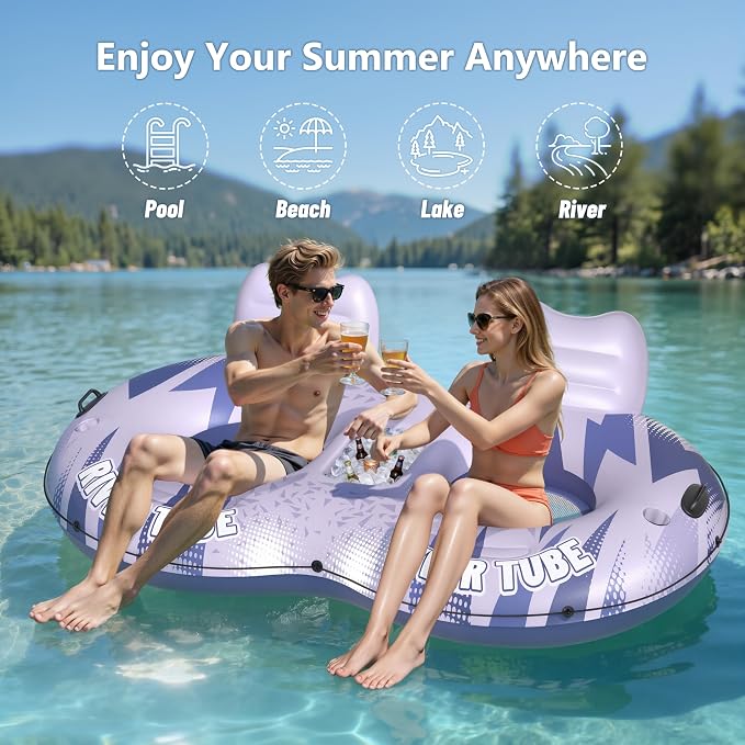 JOSEN Inflatable River Tube Float - 2 Person Heavy Duty River Float, Pool Floats Adult, Lake River Floats Water Tubes for Floating with Removable Cooler & Cupholders for Summer Relaxation