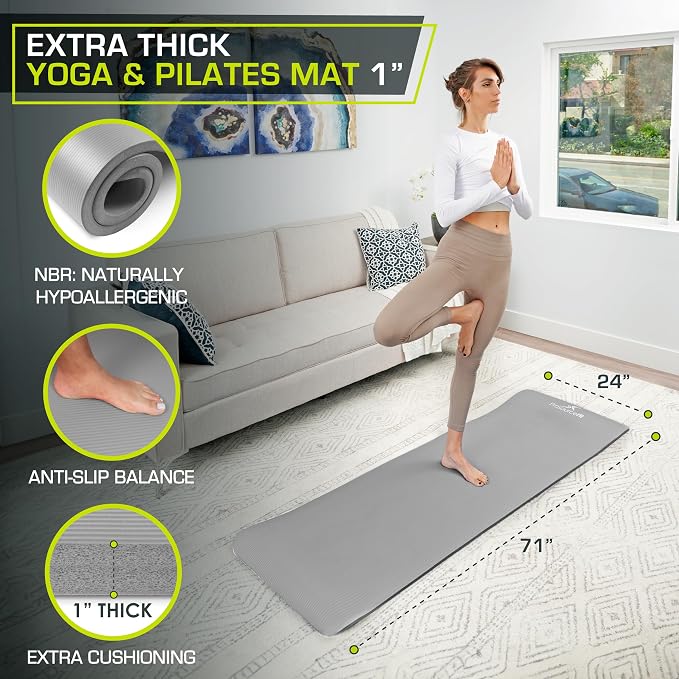 ProsourceFit Extra Thick Yoga and Pilates Mat 1/2” (13mm) or 1" (25mm), 71-inch Long High Density Exercise Mat with Comfort Foam and Carrying Strap