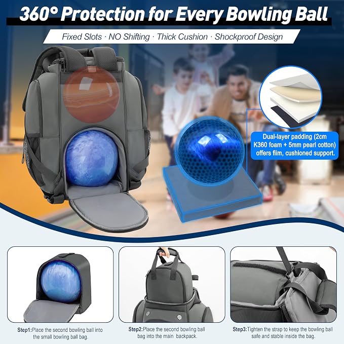 2-Ball Bowling Backpack with Shoe Storage – Heavy Duty Padded Travel Bag