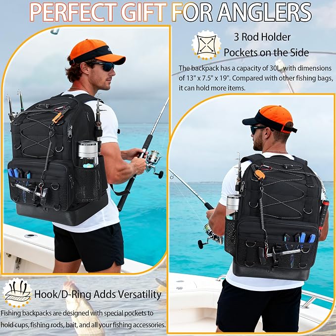Fishing Backpack with Tackle Boxes and Rod Holder, Cooler, 30L Large Tackle Bag with Fishing Gear Lures Kit, Waterproof Bottom tackle Backpack Fish Set Gifts for Men Women-Black Back Pack