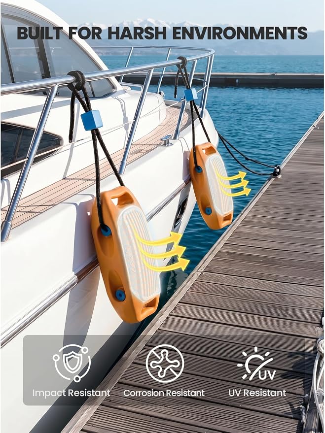 Zeraty Solid EVA Boat Fenders 1-2-4 Packs, 17''x8'' No-Deflation Dock Bumpers with Adjustable Ropes, Modular Stackable Non-Rolling Marine Hull Protector for Pontoon, Yacht, Bass, Jet Ski and Jon Boats