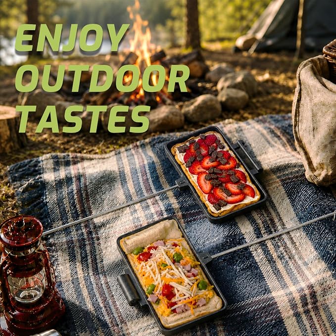 Campfire Pie Iron 8.6" Large Cast Iron Sandwich Maker for Camping with Storage Bag - 21.7 inch Adjustable Handles - Campfire Cooking Equipment for Grilling & Outdoor Cooking