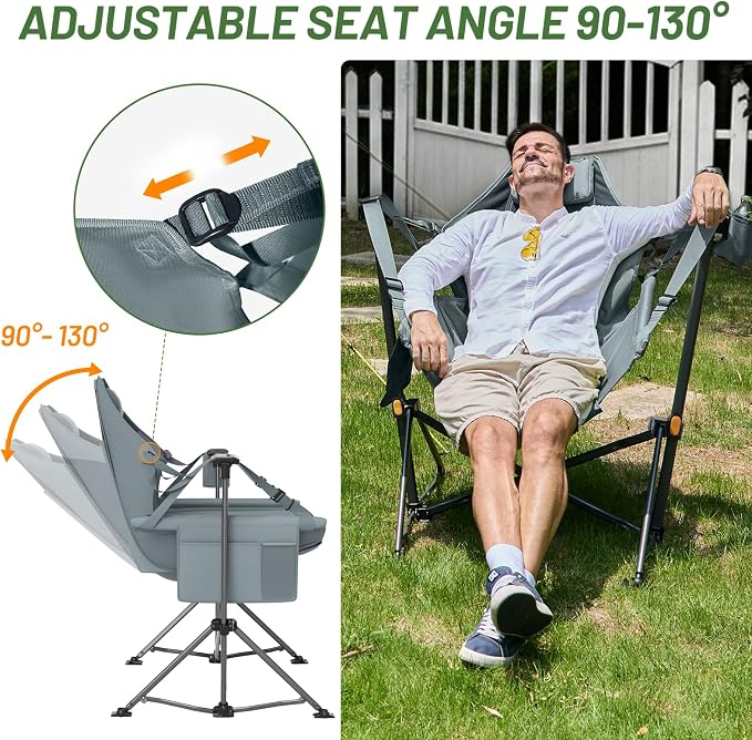 Timber Ridge Hammock Camping Chair with Adjustable Backrest, Heavy Duty Folding Hammock Chair Supports 300lbs, Portable Hammock Chair for Camping, Travelling and Patio, Grey