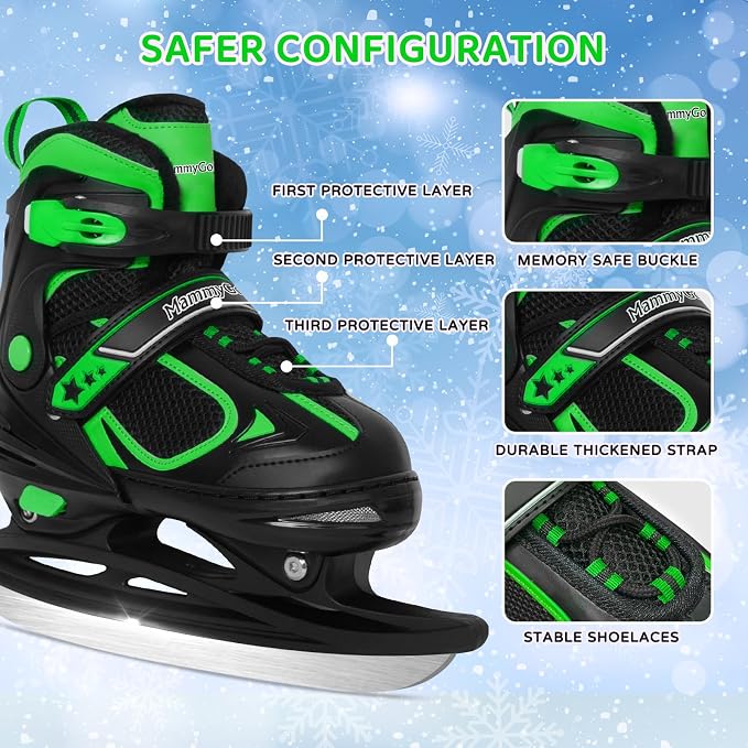 MammyGol Adjustable Ice Skates for Kids Youth Tean Hockey Lace-Up Boys or Girls Ice Skate for Beginner Age 4-12 Blue Black Teal Green