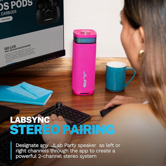 JLab, JBuds Party, Portable Bluetooth Speaker, Waterproof, RGB Lighting, Multi-Speaker Connection, Pink