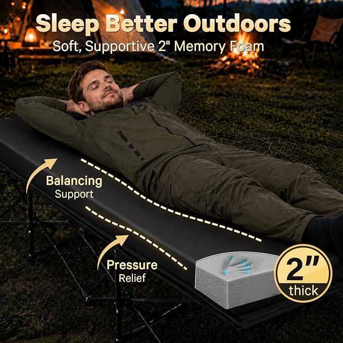 CYMULA Camping Cot Pad 2 Inch Memory Foam, Camping Pad for Folding Cot and Foldable Cot, Portable Roll Up Camp Gear for Car Camping Travel Tent, Non-Slip Waterproof Bottom, Removable Cover, Pad Only