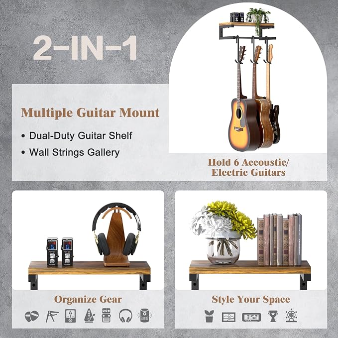 Keebofly Guitar Wall Mount Hangers Holds 3 Guitars with Rustic Shelf, 3-Detachable Guitar Hooks Universal Fit for Acoustic, Electric, Bass & Ukulele (Brown)