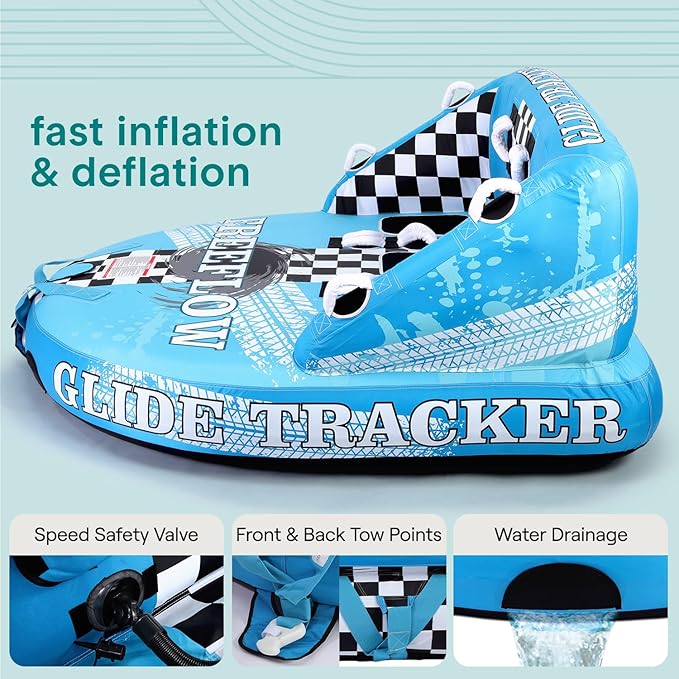 Serenelife Inflatable Towable Tube for Boating – 2-4 Person, 4500 lbs Pulling Capacity, Deck Seats & Backrest, Premium Nylon Cover, Grab Handles, Front/Back Tow Points, Speed Safety Valve