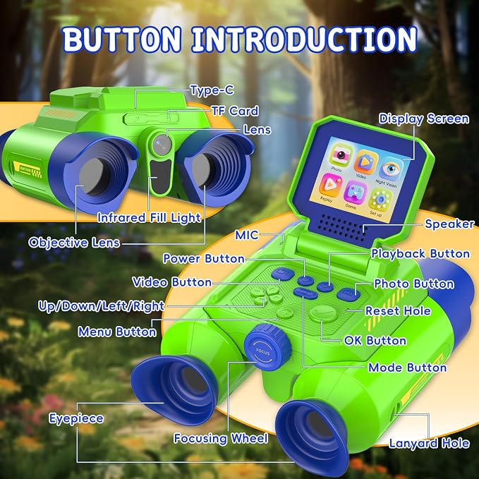 Binoculars for Kids with Night Vision, 2.4" HD Screen & 10X Zoom for Photo and Video - Outdoor Adventure Binoculars Bird Watching, Camping, Hiking, Gifts for Kids Ages 4+ (Green)