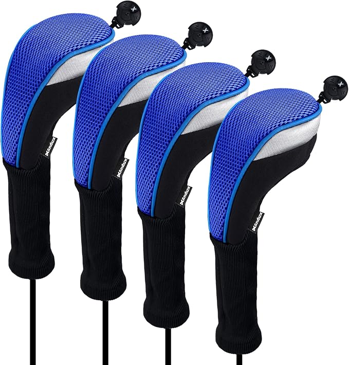 Andux 4pcs Long Neck Golf Hybrid Club Head Covers Dial No. Tag CTMT-02 | Mesh Breathable material | all the Same Size | Coloured Piping | Pull-On Closure