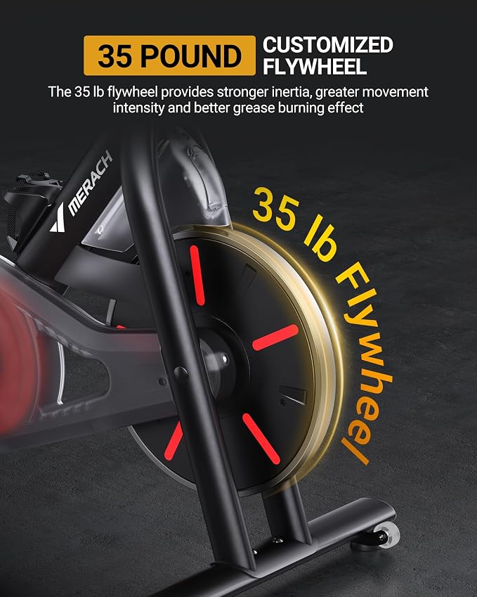 Merach Exercise Bike, Magnetic Friction Stationary Bike with Brake Pad and Exclusive App, Low Noise Indoor Cycling Bike with 300lbs Weight Capacity, Tablet Mount and Fitness Courses for Weight Loss