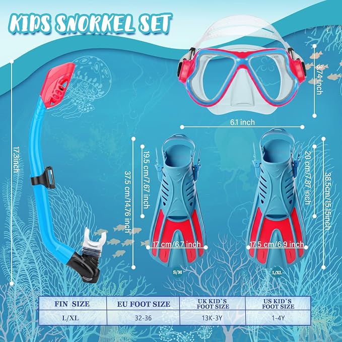 Snorkeling Gear for Kids, 4 in 1 Child Mask Fins Snorkel Set with Panoramic View Anti Fog Mask, Dry Top Snorkel, Trek Fins and Travel Bag, Kids Snorkeling Set with Fins for Snorkeling Swimming