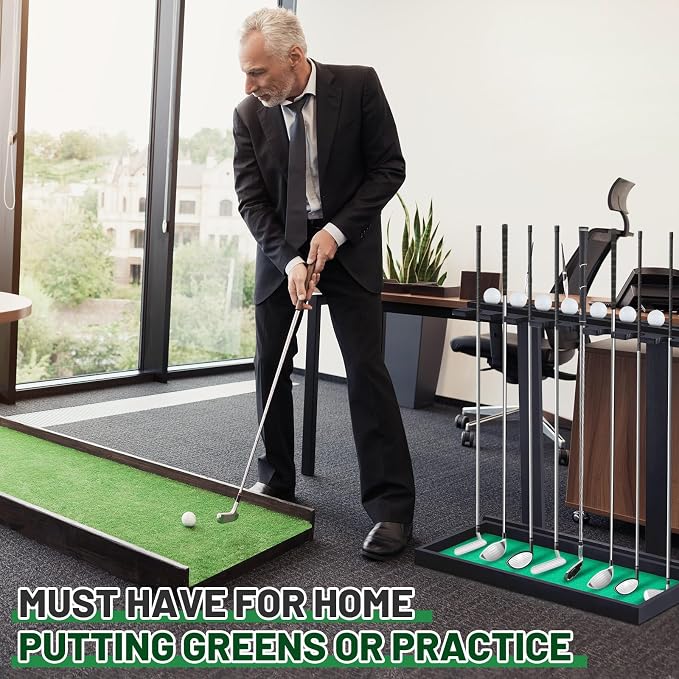 Blosssound Golf Putter Stand for 8 Clubs & 12 Balls Wooden Golf Club Holder Golfs Rack Display Organizer Storage with Artificial Grass Mat for Sports Indoor Home Garage Accessories