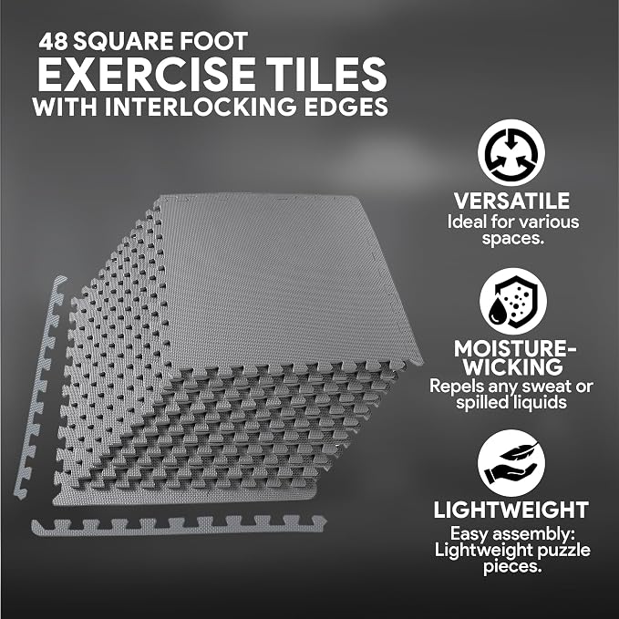 BalanceFrom Puzzle Exercise Mat 1/2" Thick, EVA Interlocking Foam Floor Tiles for Home Gym, Mat for Home Workout Equipment, Floor Padding for Kids, Gray, 24 in x 24 in x 1/2 in, 48 Sq Ft - 12 Tiles