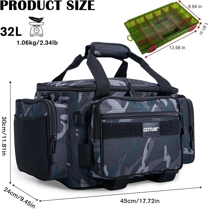 Goture Fishing Tackle Bag with 4PCS 3700 Tackle Boxes | 600D Water-Resistant, Rod Straps, Detachable Bottle Pouch, SBS Zippers, Freshwater & Saltwater Gear Storage Fishing Bag