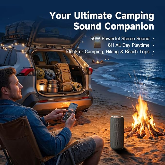 TAZATA Fun 300 30W Portable Bluetooth Speaker, IPX7 Waterproof & Dustproof, Bluetooth 5.3, Deep Bass, TWS Pairing, 8H Battery Life, Stereo HD Sound for Camping, Beach, Outdoor, Travel, Bike - Black