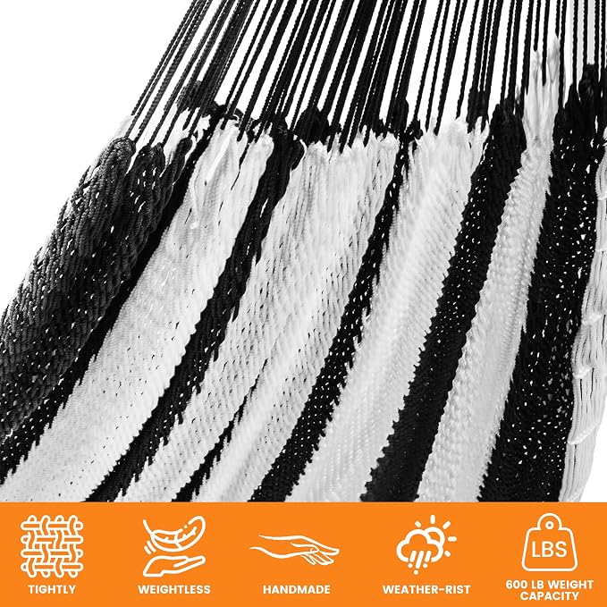 Lazy Daze Hammocks Handwoven XL Mayan Hammock, 10.5 FT Soft Rope Double Hammocks, Portable Outdoor Hammock with Carry Bag, 2 Straps & Carabiners for Patio Outside, 550 lbs Weight Capacity, Black/White