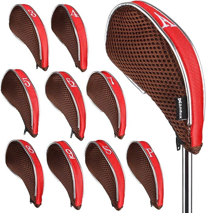 Andux Mesh Golf Iron Club Head Covers with Zipper 10pcs/Set | Left and Right Handed | Short Neck | Silver Piping | all the Same Size