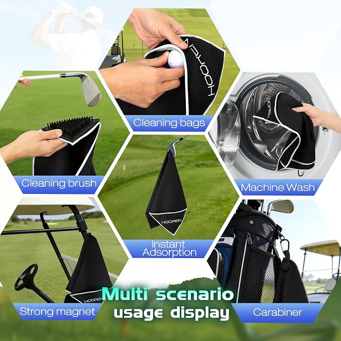 Magnetic Golf Towel with Brush & Cleaning Pocket, 4-in-1 Golf Cleaning Kit 3 Stage Cleaning System Golf Club Cleaning Kit, Microfiber Waffle Golf Accessories 15.7" X 23.6", Black