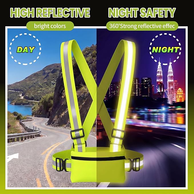 Hercicy 10 Pack Reflective Safety Vest with Zipper Pocket, Adjustable High Visibility Reflective Vest for Adults, Elastic Reflector Straps for Running, Walking, Cycling, Construction, Night Safety