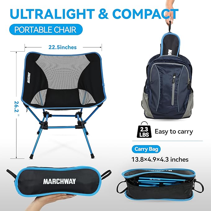 MARCHWAY Ultralight Folding Camping Chair, Heavy Duty Portable Compact for Outdoor Camp, Travel, Beach, Picnic, Festival, Hiking, Lightweight Backpacking (Sky Blue)