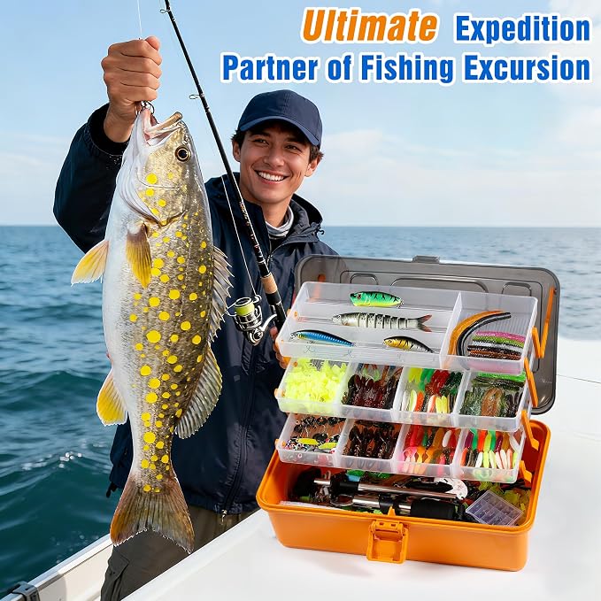 560PCS Fishing Lures Kit with Large 4-Layer Tackle Box, Complete Freshwater Bass Fishing Gear Set with Pliers, Hooks, Crankbait, Sinkers, Jigs, Weights & More Accessories, Gifts for Men
