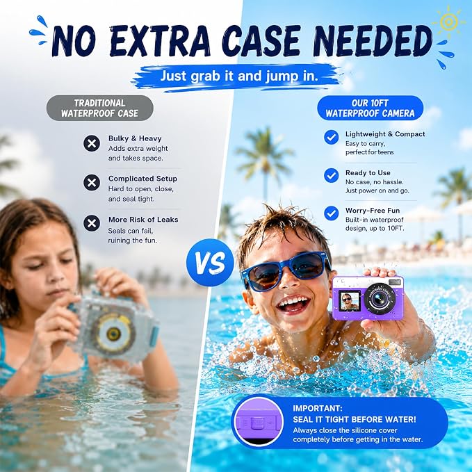 Maxmango D70 Underwater Camera, 10FT Waterproof Digital Camera for Pool & Beach, 4K 48MP Teens Underwater Cam with Dual Screens, Autofocus, 18X Zoom, Floating Camera for Boys Girls Purple(16GB)