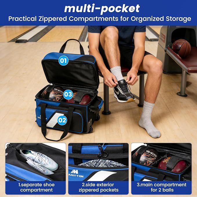 3 Ball Bowling Bags with Wheels, 2 Ball Bowling Bags Double roller with Single Ball Tote, Multi-Pockets & Shoe Compartment (Fits Up to Size 15).
