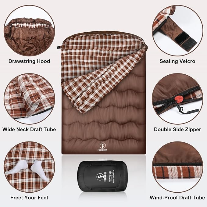 0 Degree Flannel Double Sleeping Bag for Adults, Couples or Family - Winter Queen Size Waterproof & Warm 2-Person Sleeping Bag for Cold Weather Camping, RV Travel