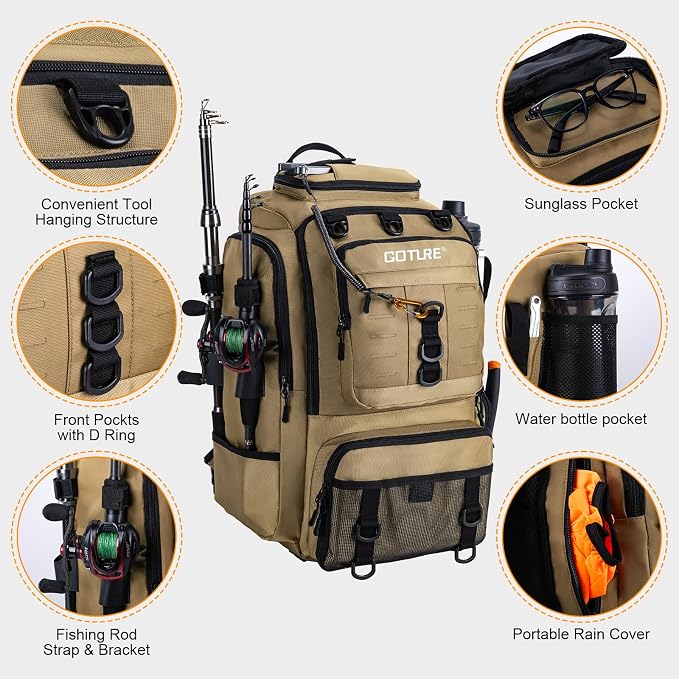 Goture 40L Large Khaki Fishing Backpack, 900D Tear-Resistant Tackle Bag with Cooler & Rain Cover & 3600 Trays, Freshwater Saltwater