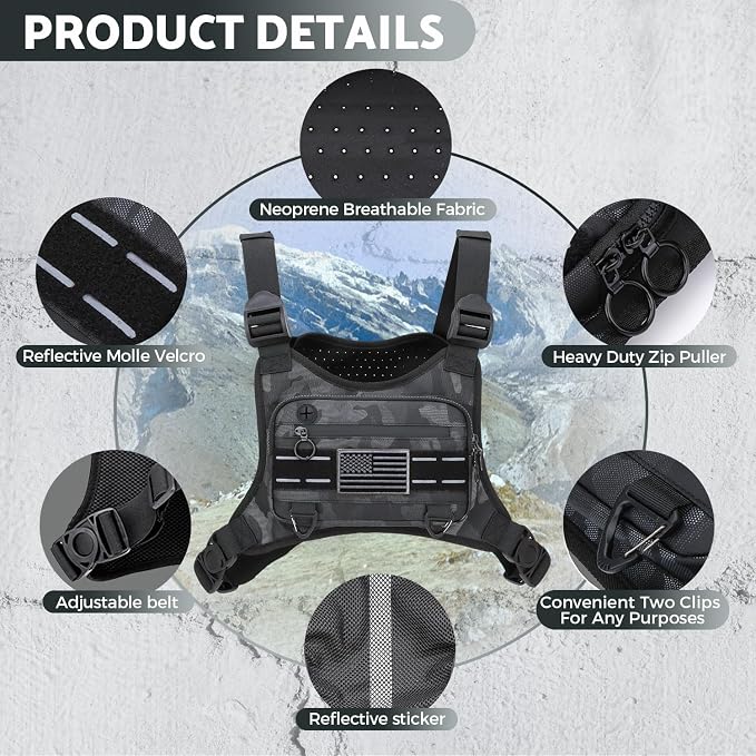 Muserise Sports Chest Bag For Men Women, Water Resistant Lightweight Front Chest Pack, Running Vest Bag With Built-In Phone Holder & Extra Storage For Workouts, Running, Cycling (Camo)