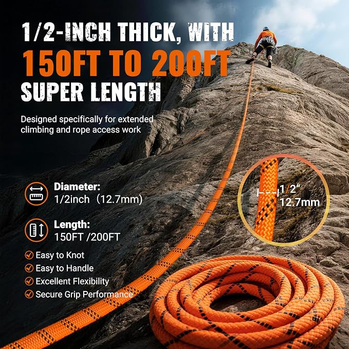 1/2Inch Arborist Rope 150Ft - 9000lbs Heavy Duty Nylon Rope Rappelling Rope, Double Braided Arborist Bull Rope for Tree Work, Hiking, Rigging, Pulling, Swing, Caving, Sailing - Orange