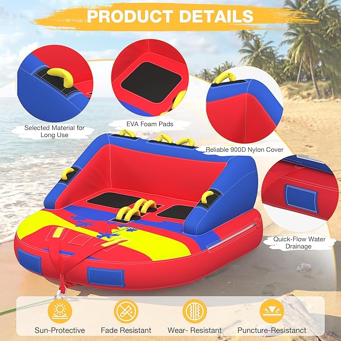 2-Person Towable Tubes for Boating with Towable Rope, Couch Reversible Boat Tube, Padded Bolster Guard Handles & Quick-Connect Tow Point | Towable Rope,Couch Reversible Boat Tube,Padded Bolster Guard Handles,Quick-Connect Tow Point